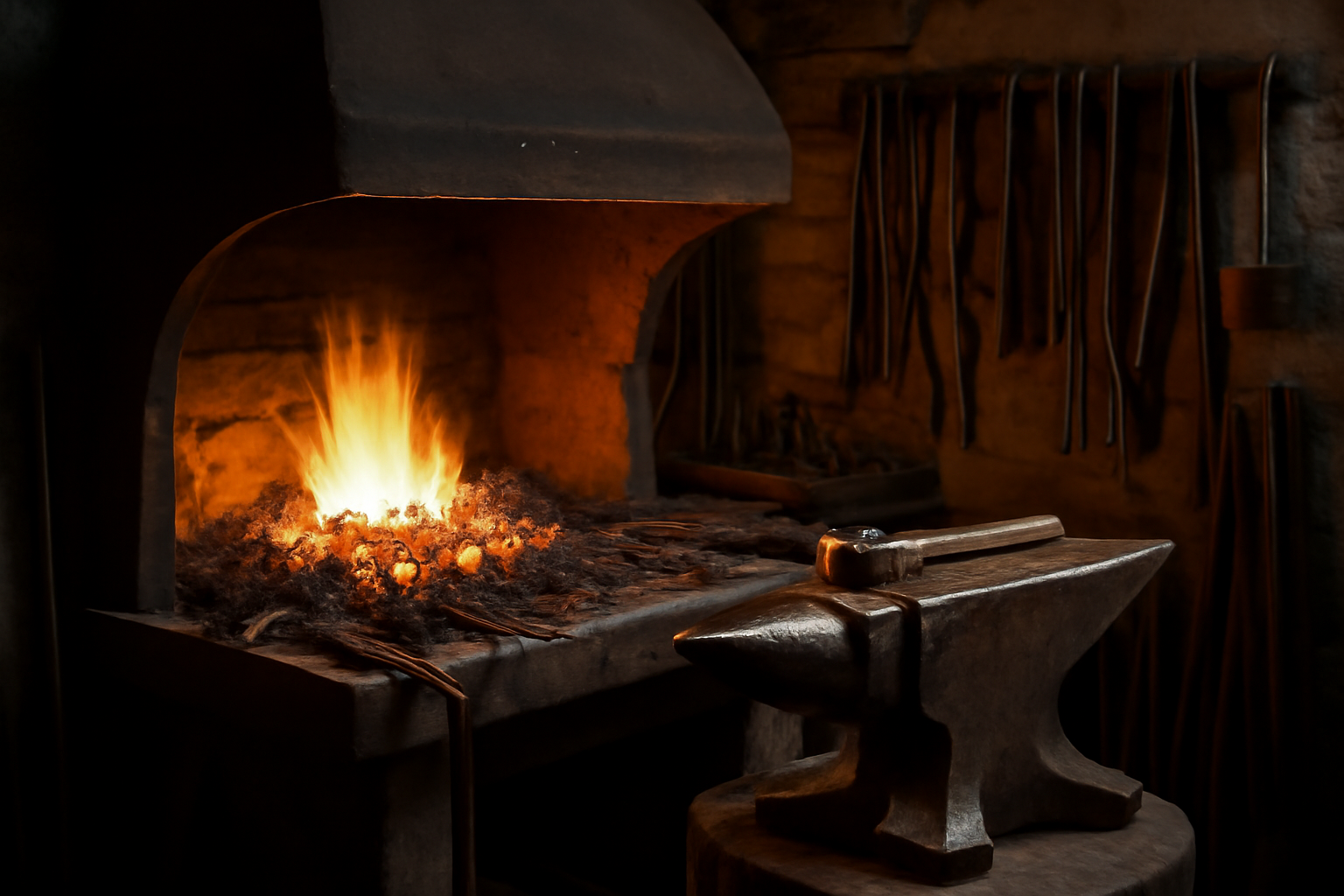 Traditional forge with glowing coals and hand-forged metal tools arranged on a wooden bench